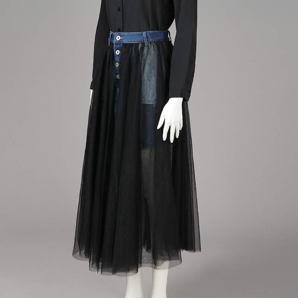 Denim skirt with sheer overlay
